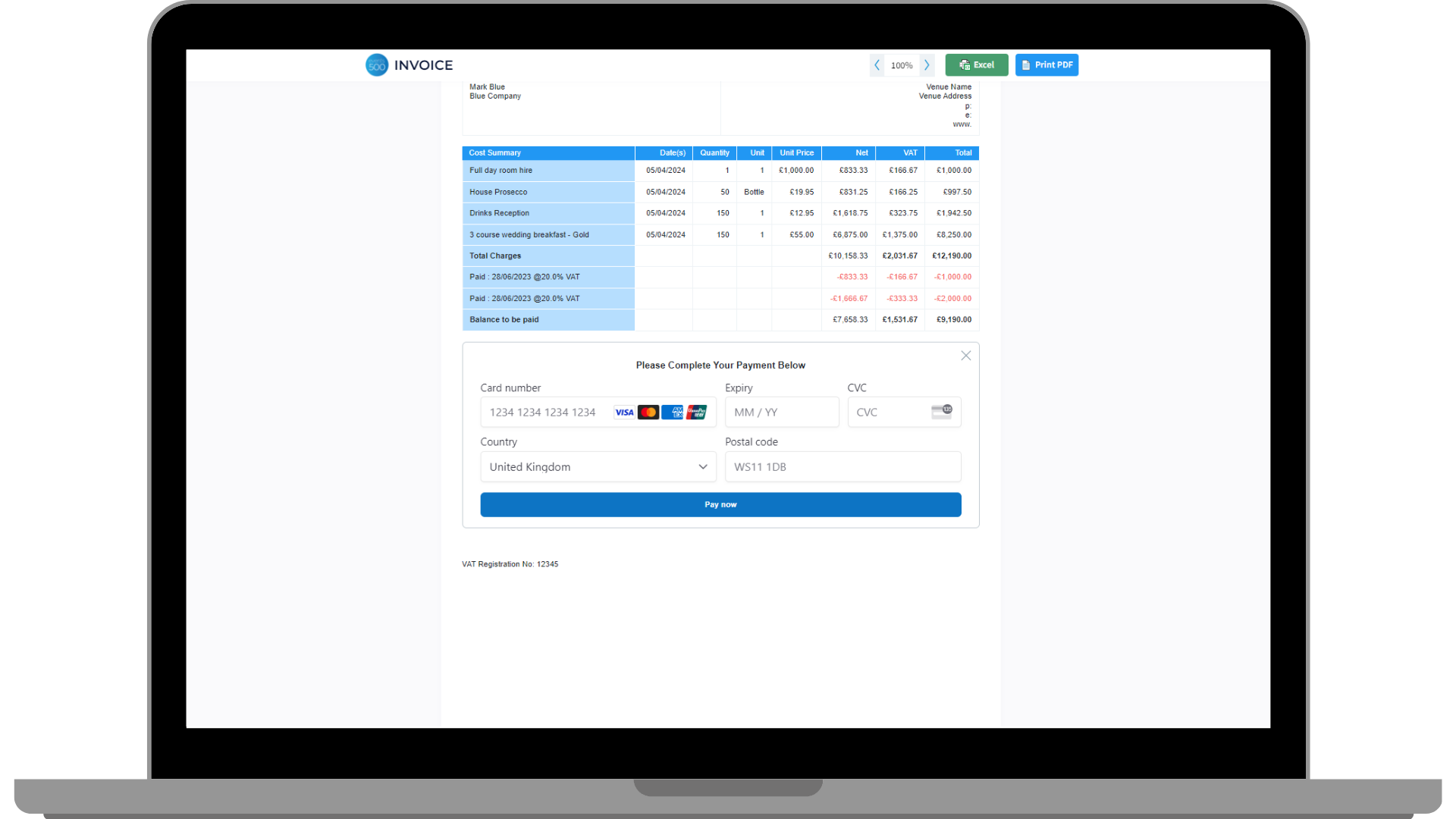 Events500 online payments screenshot